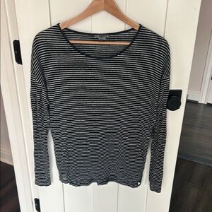 Vince Black and White Linen Striped Long Sleeve Tee